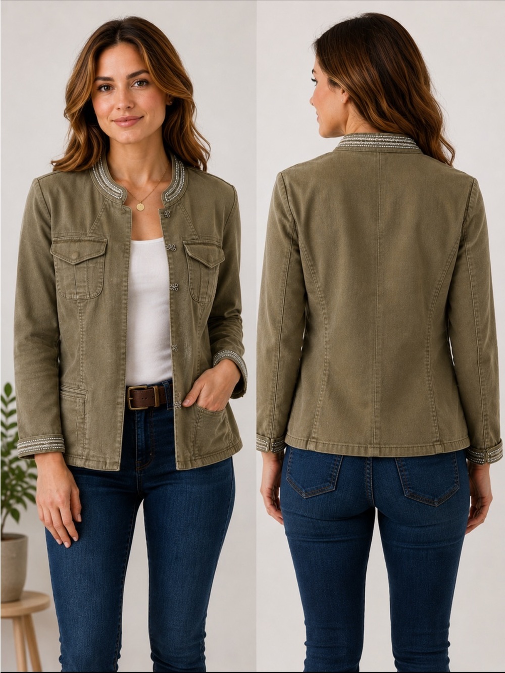 Chico’s Embellished Military Utility Jacket Women’s Size 0 Khaki Cotton St